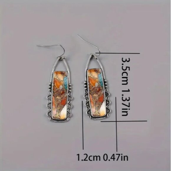 Retro Boho Style Geometric Dangle Earrings - Brn-Org-Turq - Picture 4 of 6